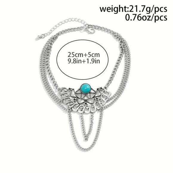 Boho Flower Inlaid Turquoise Multilayer Tassel Arm Chain Cuff - Picture 4 of 9